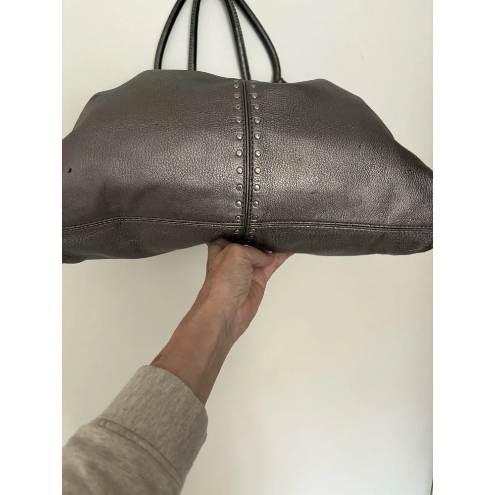 Michael Kors Metallic Pewter Pebbled Leather Studded Double Handle Tote Handbag